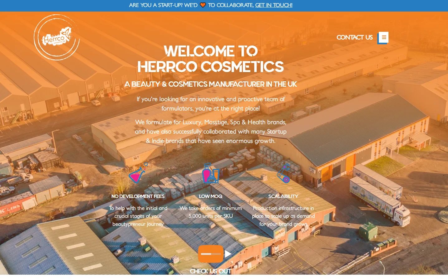 Herpco Cosmetics welcome page showcasing its UK manufacturing site with text about its beauty and cosmetic services.